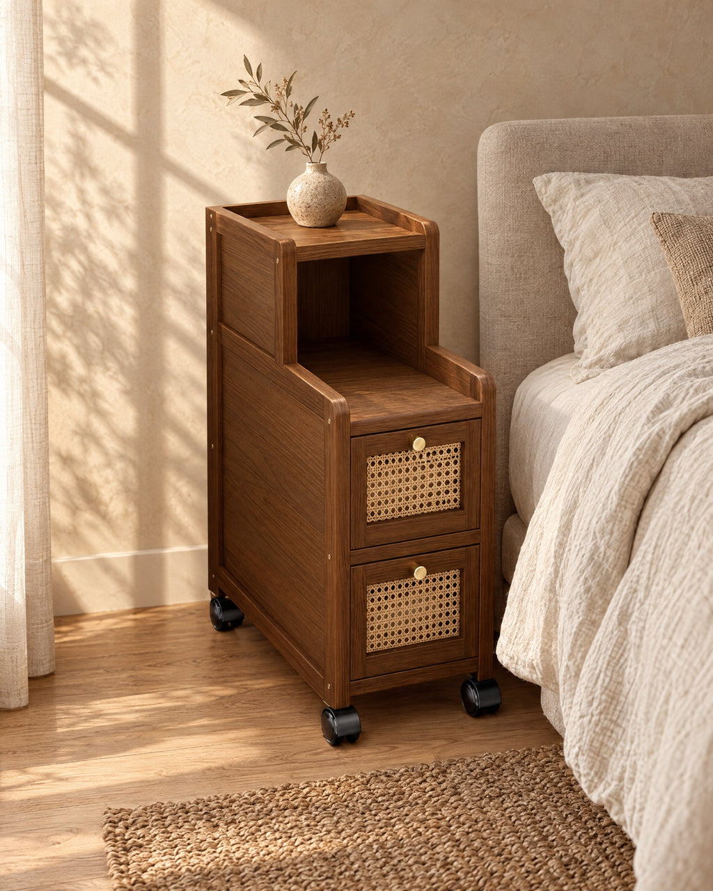 Three-quarter view of the narrow bedside cabinet showing its depth and castors
