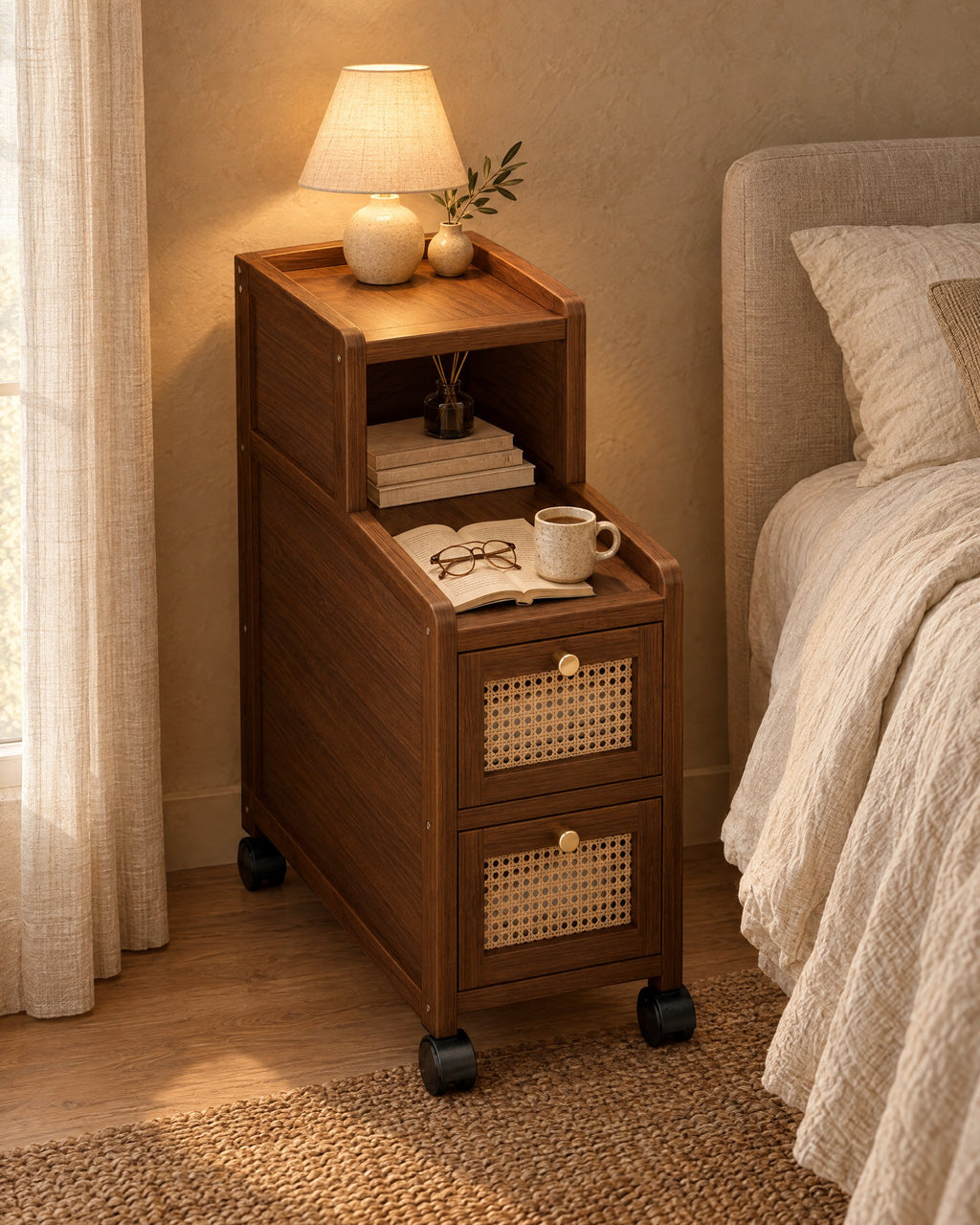 Narrow walnut bedside cabinet on wheels, lamp switched on and an open book in the evening