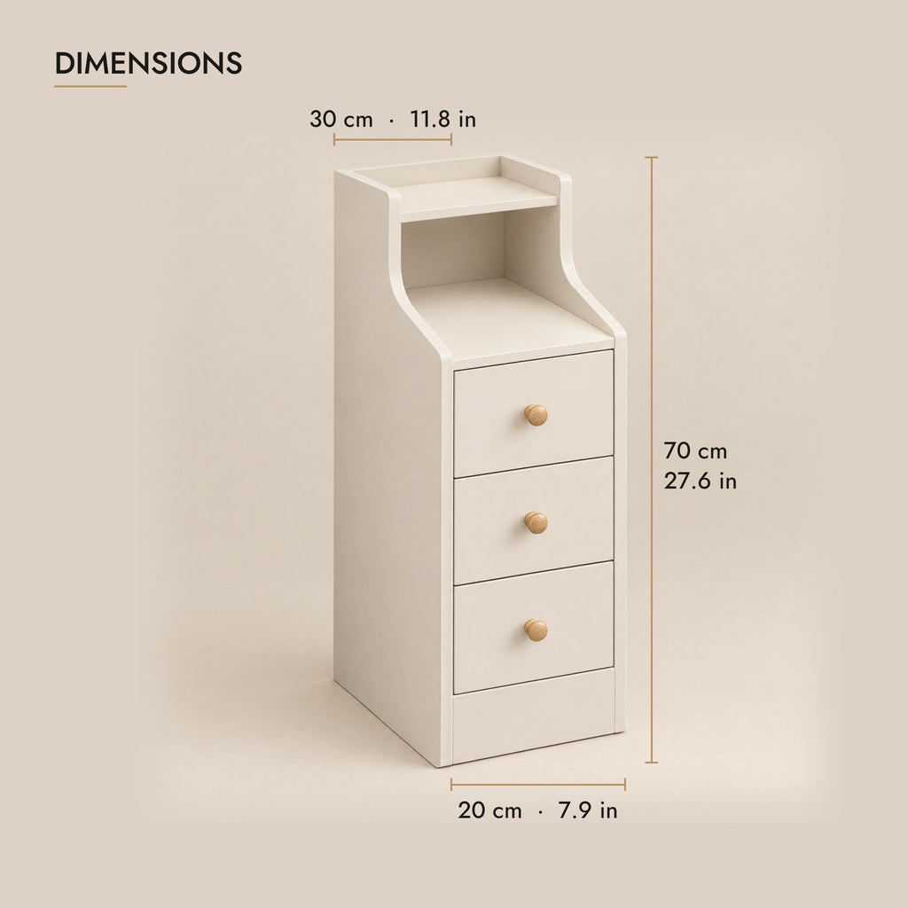 Narrow white bedside table dimensions: 20 cm wide, 30 cm deep, 70 cm high
