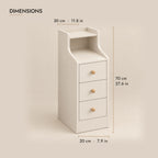 Narrow white bedside table dimensions: 20 cm wide, 30 cm deep, 70 cm high