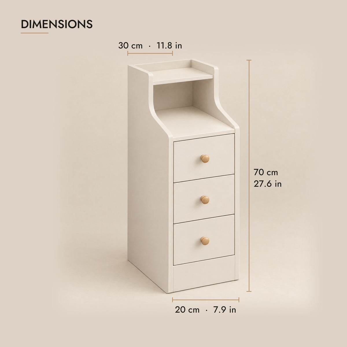 Narrow white bedside table dimensions: 20 cm wide, 30 cm deep, 70 cm high
