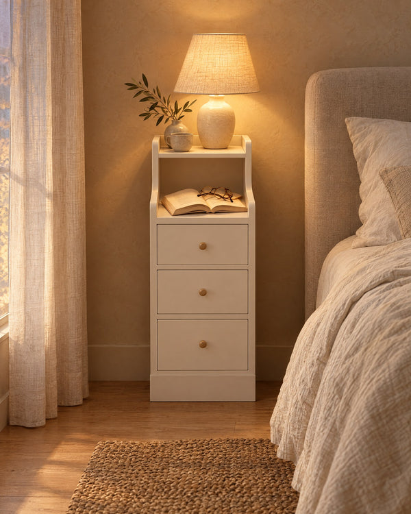Narrow White Bedside Table 20 cm with 3 Drawers and Step Shelf