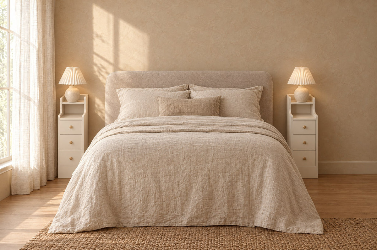 Pair of narrow white bedside tables on each side of a double bed