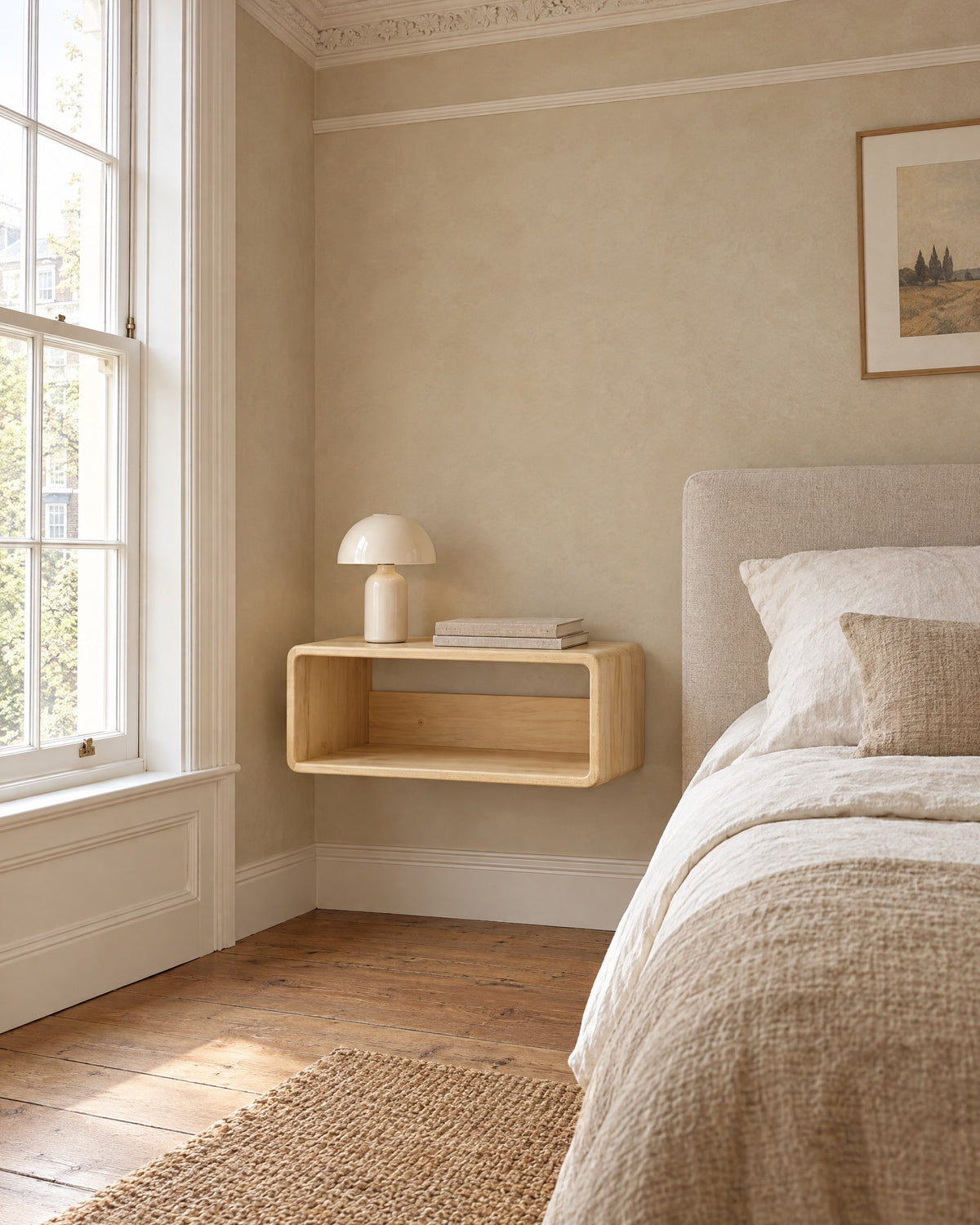 Natural wood floating bedside shelf beside a linen bed in a bright British bedroom with a sash window