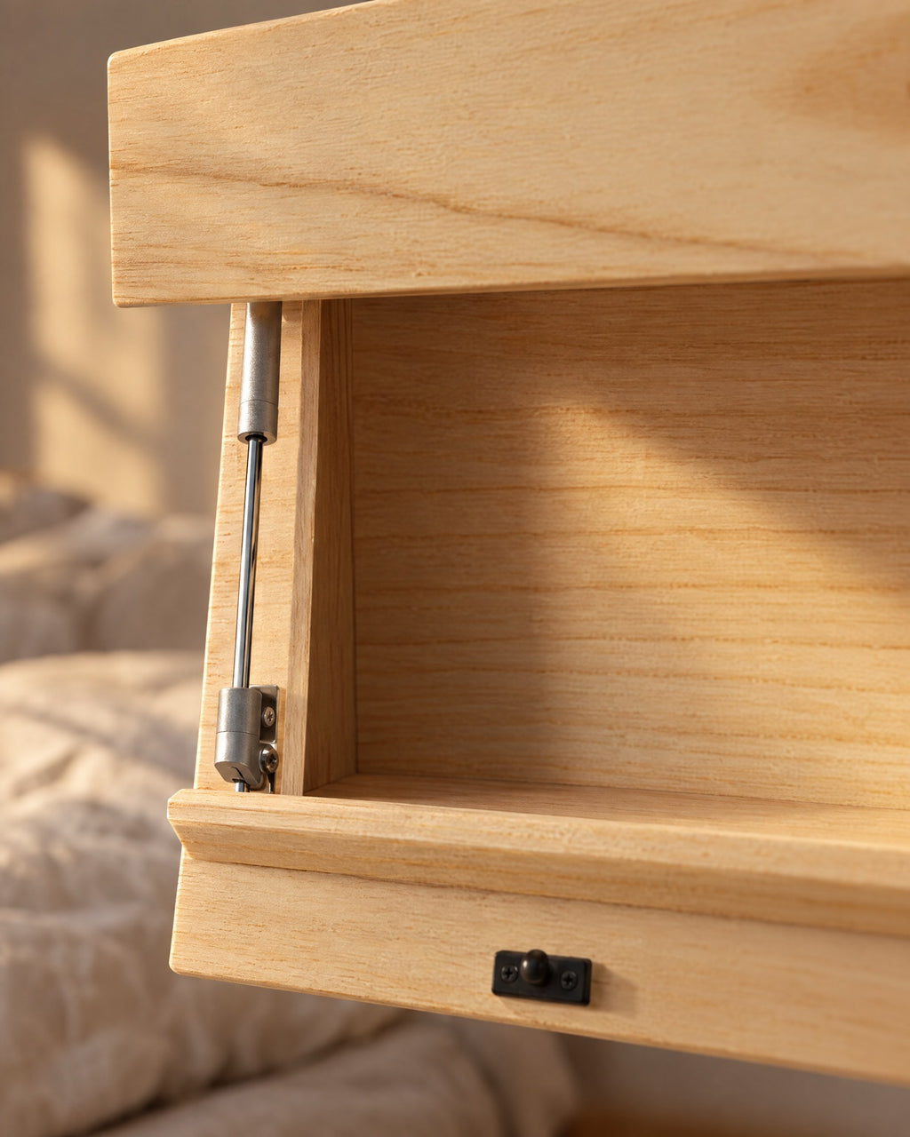 Close-up of the open flip-down front and the gas strut of the hidden compartment