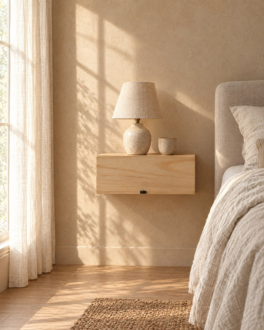 Natural wood floating bedside shelf in warm morning light with window shadows on the wall