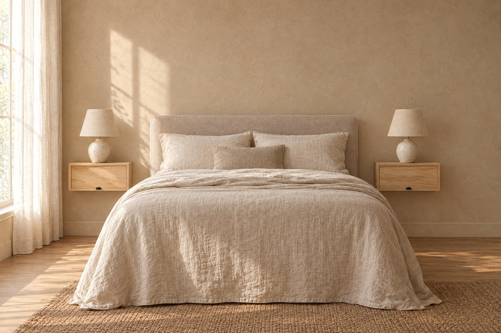 Pair of natural wood floating bedside shelves fixed on each side of a double bed