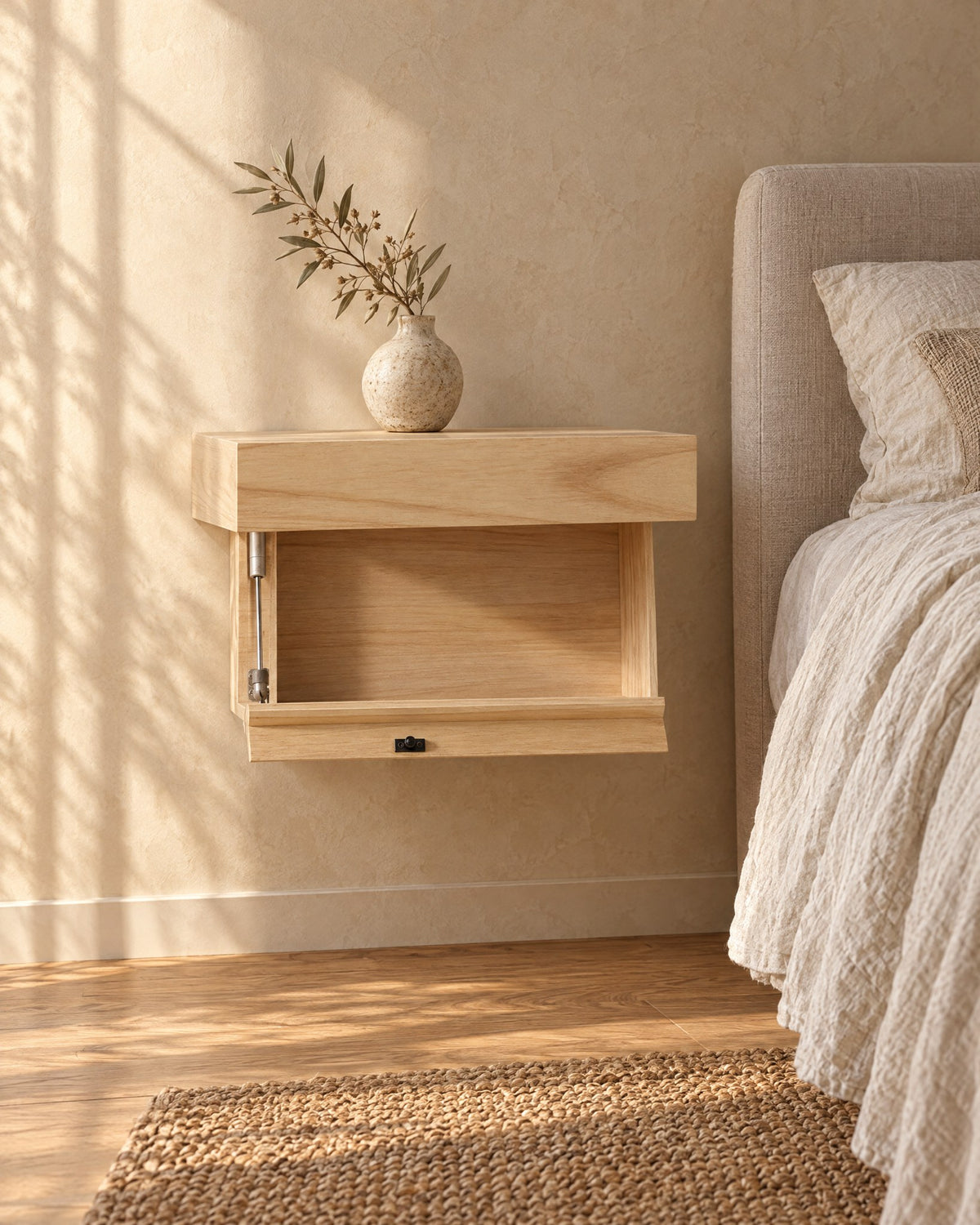 Three-quarter view of the natural wood floating bedside shelf, fixed to the wall with nothing underneath