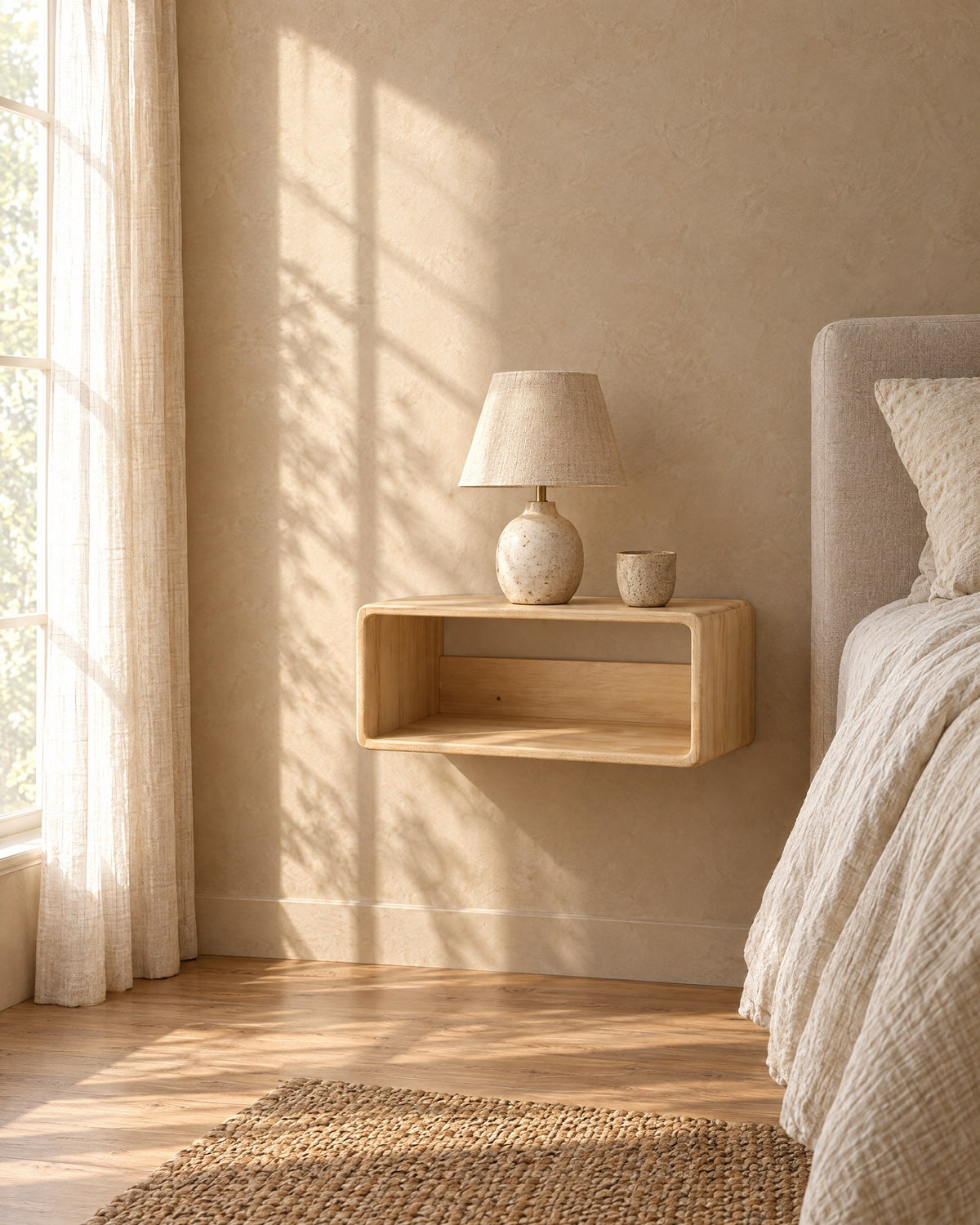 Natural wood floating bedside shelf with a ceramic lamp in warm morning light