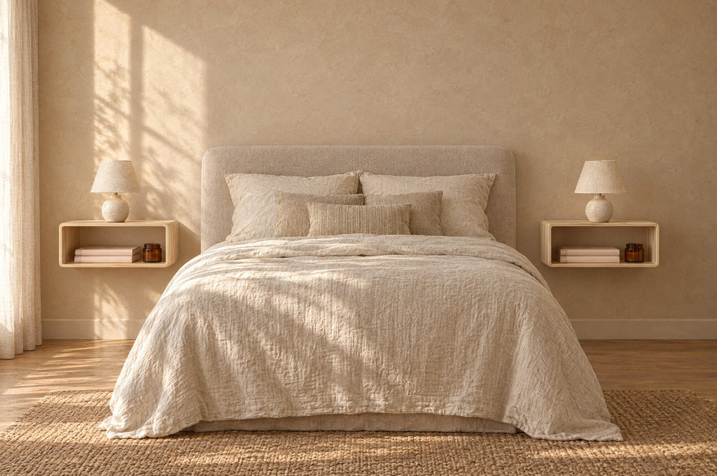 Pair of natural wood floating bedside shelves on each side of a double bed