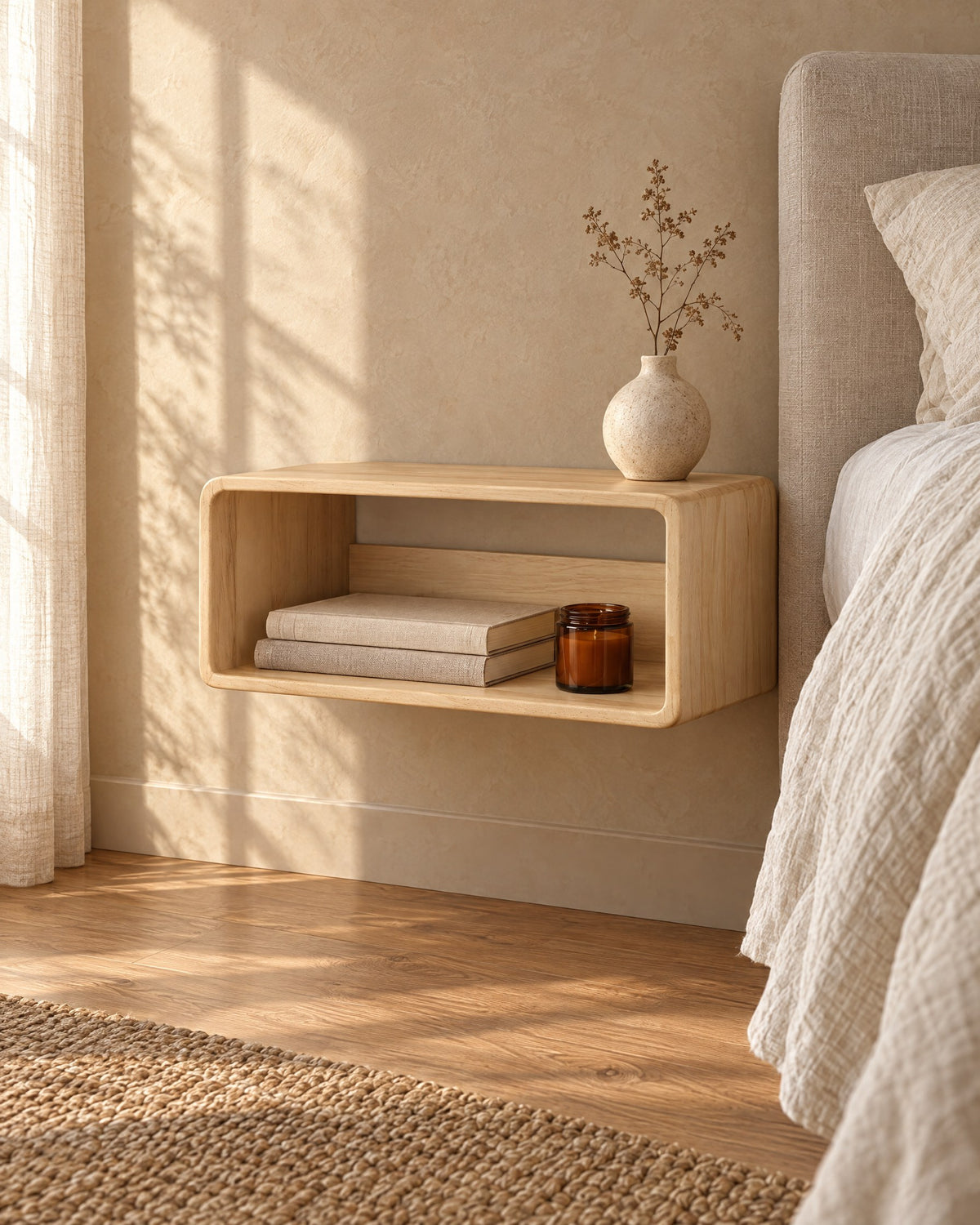 Three-quarter view of the natural wood floating bedside shelf fixed to the wall above a clear floor