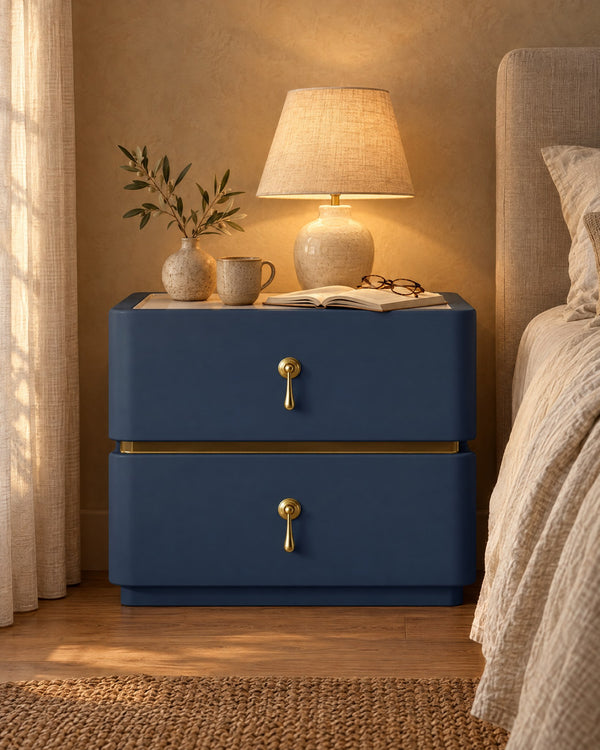 Navy Blue Bedside Table with 2 Drawers and Gold Handles