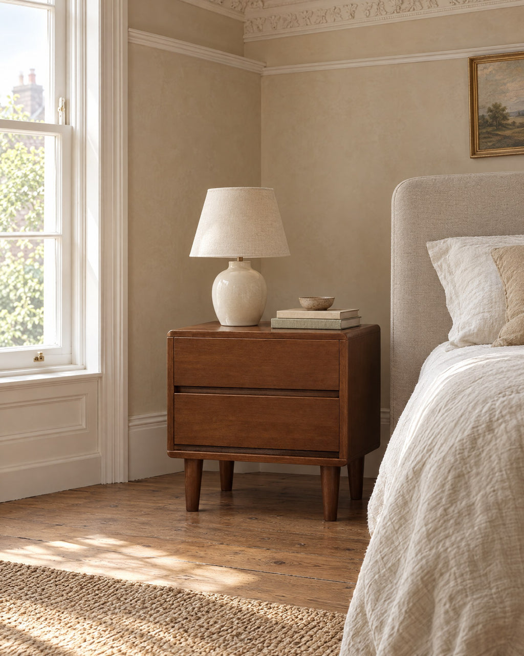 Nordic walnut bedside table with two handle-free drawers beside a linen bed in a bright British bedroom with a sash window