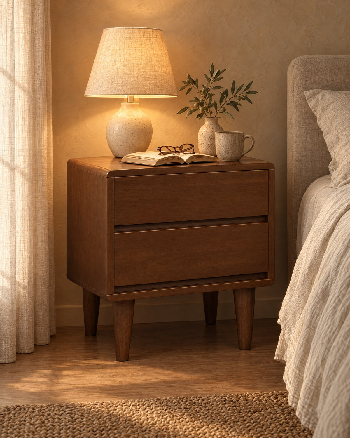 Nordic walnut bedside table with two handle-free drawers with a lamp switched on and an open book in the evening