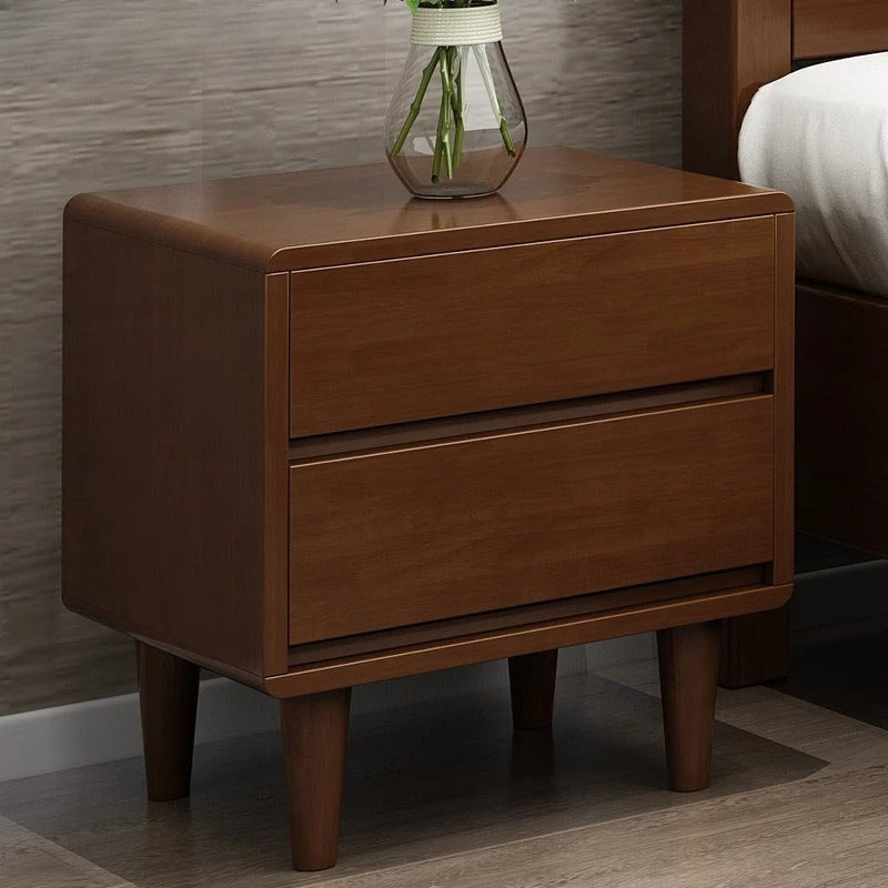 Front view of the Nordic walnut bedside table with two handle-free drawers