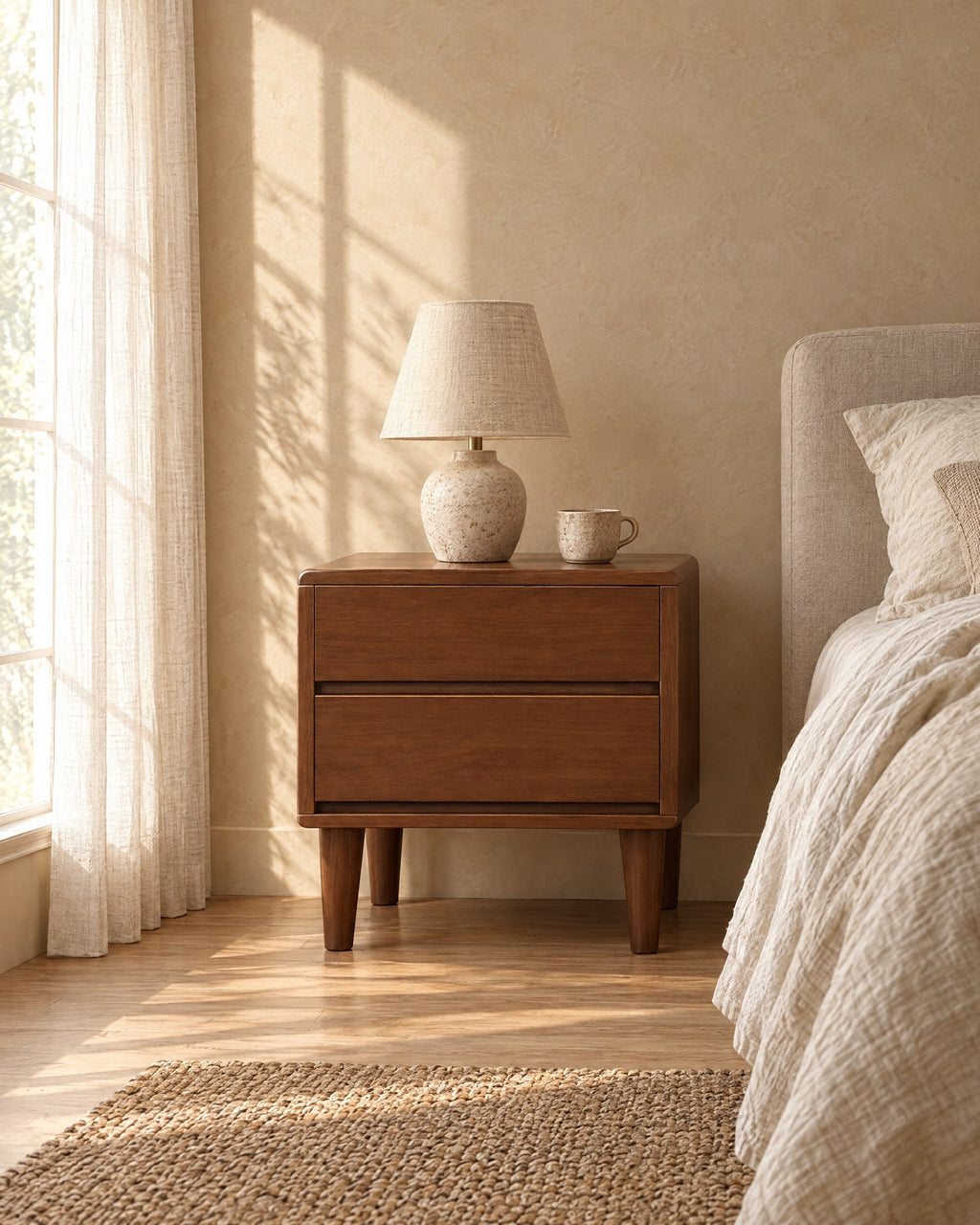 Nordic walnut bedside table with two handle-free drawers with a ceramic lamp in morning light