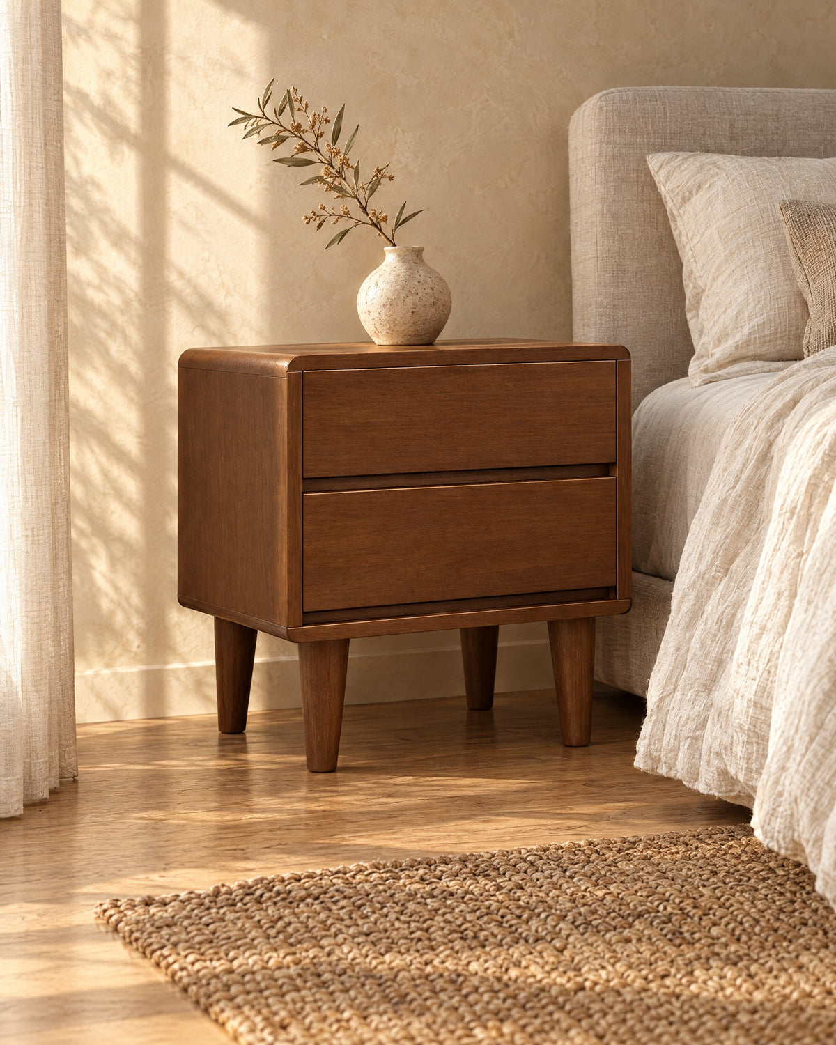 Three-quarter view of the Nordic walnut bedside table with two handle-free drawers