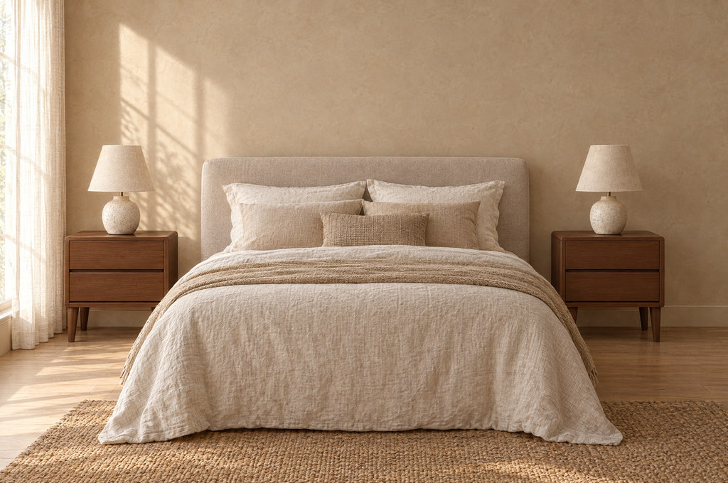 Pair of Nordic walnut bedside tables with two handle-free drawers on each side of a double bed