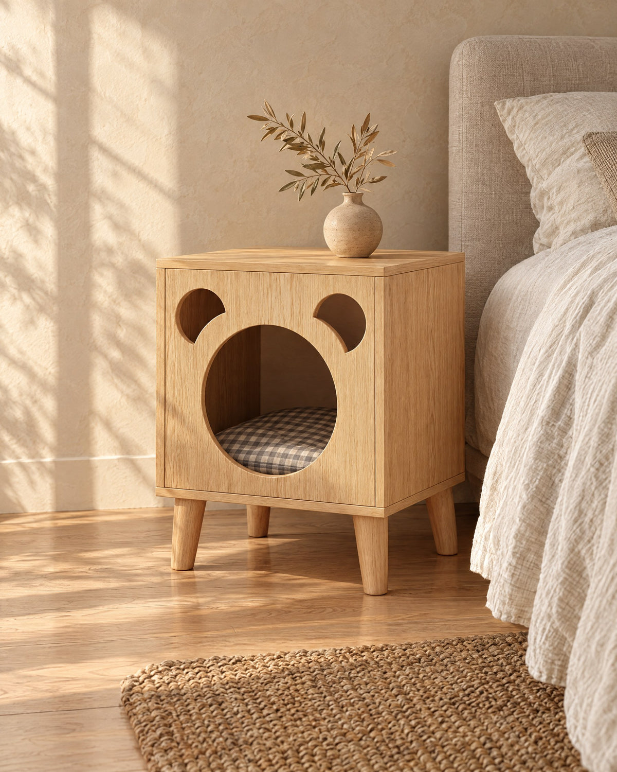Three-quarter view of the oak bear bedside table showing the tapered wooden legs