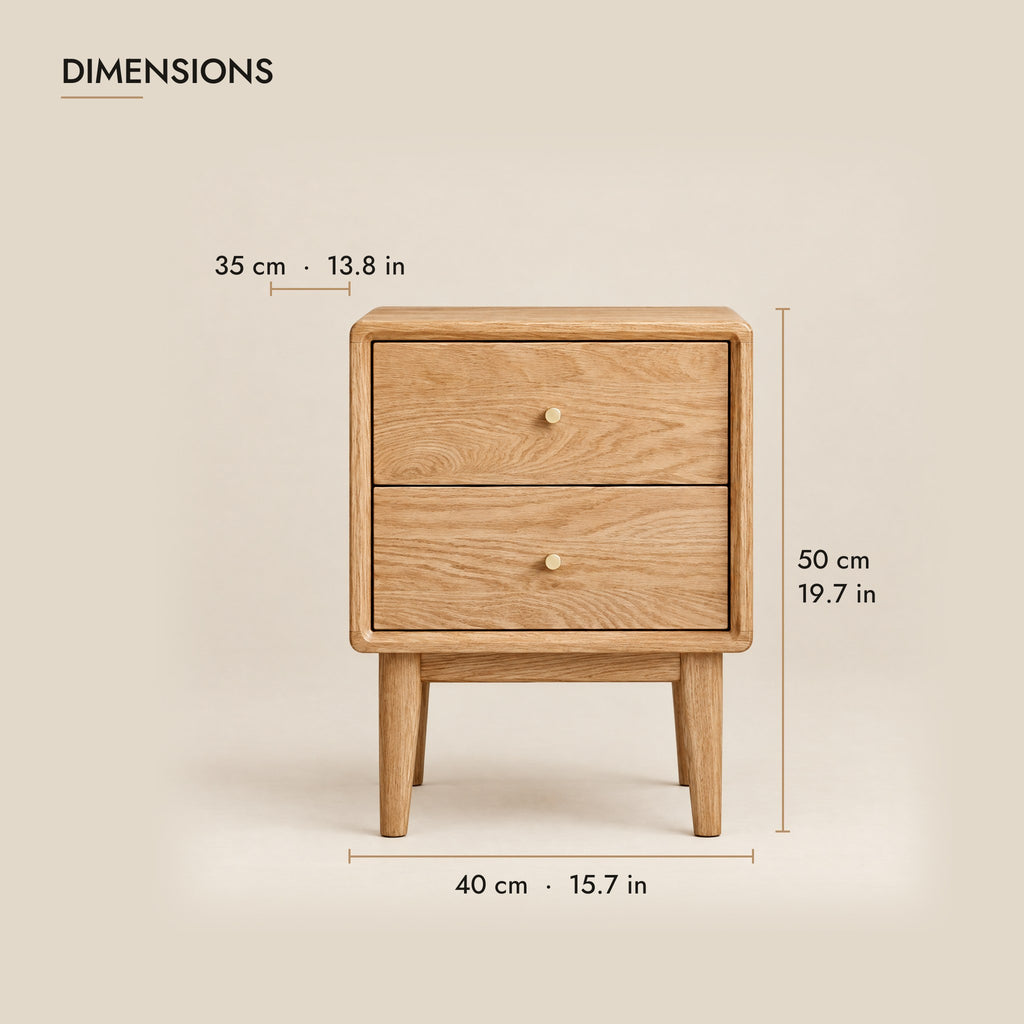 Oak bedside table dimensions: 40 cm wide, 35 cm deep, 50 cm high