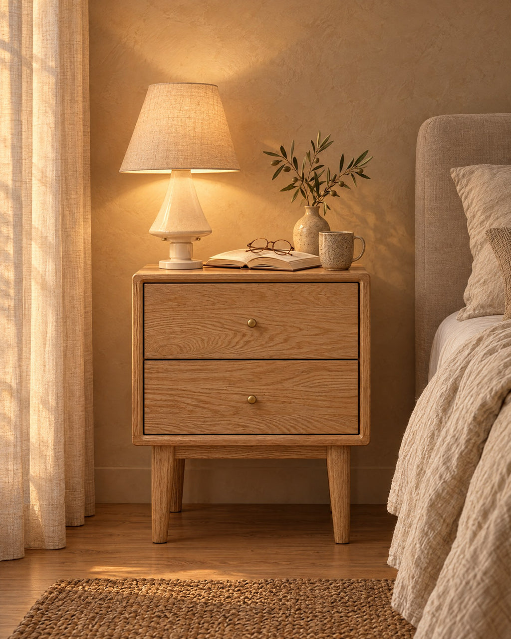 Oak bedside table with two drawers and brass knobs, a lamp switched on and an open book in the evening