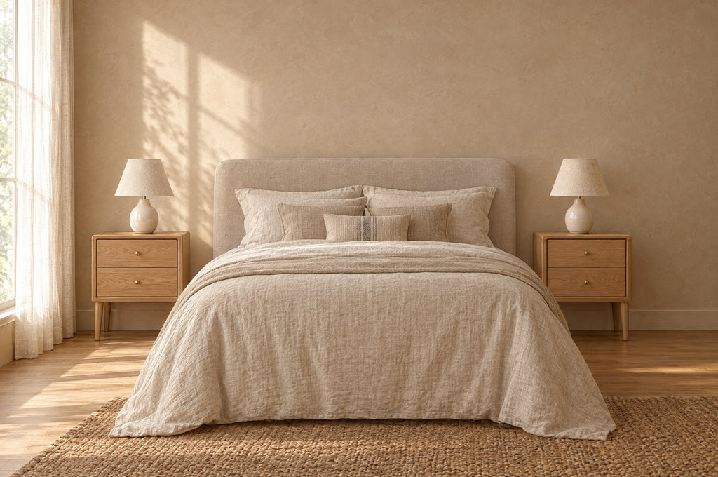 Pair of oak bedside tables on each side of a double bed