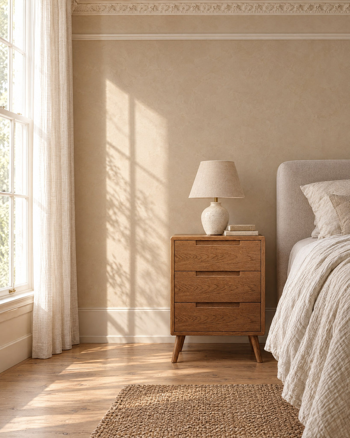 Oak bedside table with three drawers beside a linen bed in a bright British bedroom with a sash window