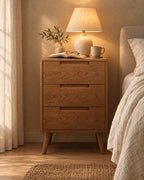 Oak bedside table with three drawers with a lamp switched on, an open book and reading glasses in the evening