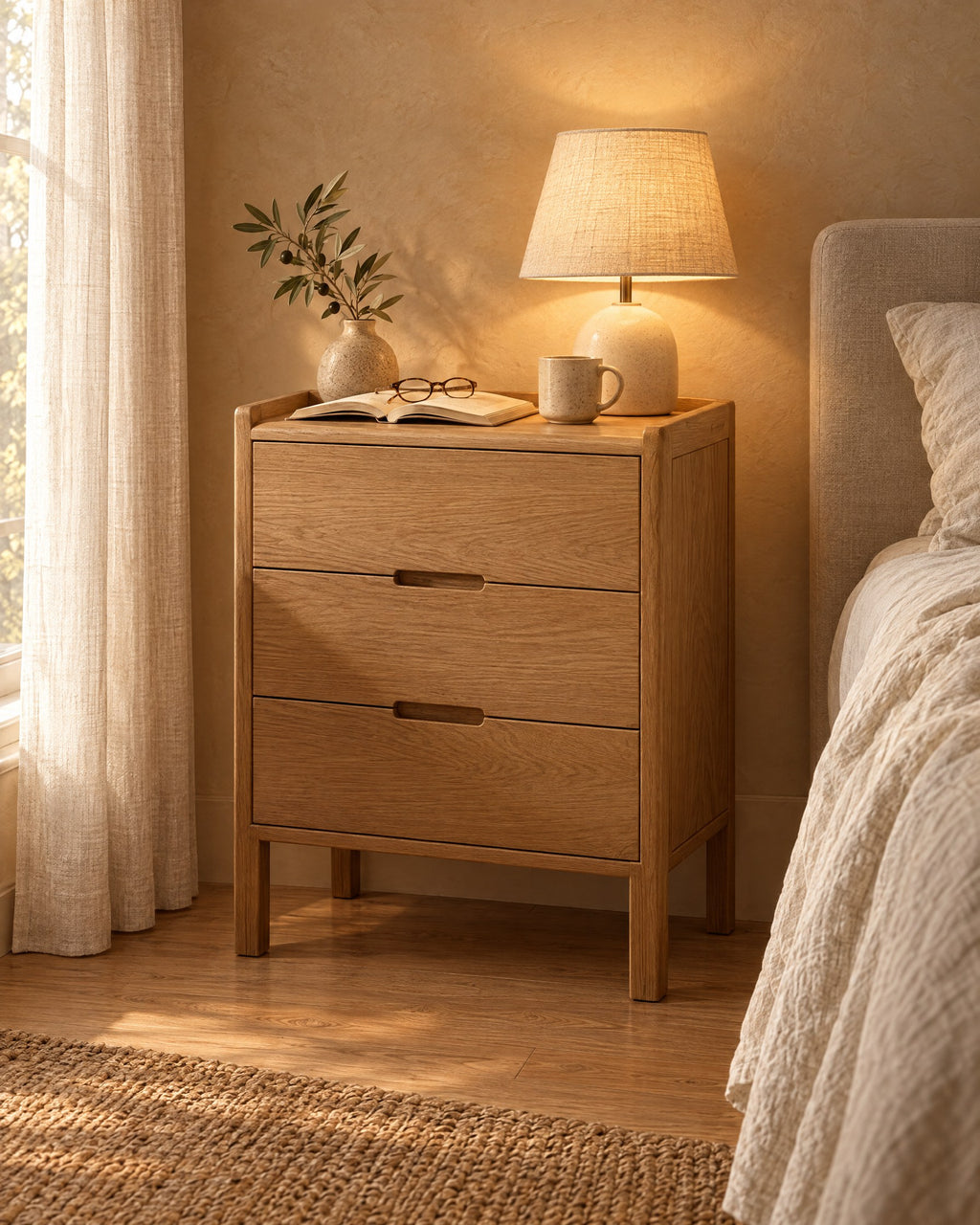 Oak bedside table with three drawers, a lamp switched on and an open book in the evening