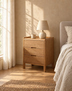 Oak bedside table with a ceramic lamp in morning light