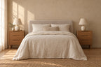 Pair of oak bedside table with three drawerss on each side of a double bed