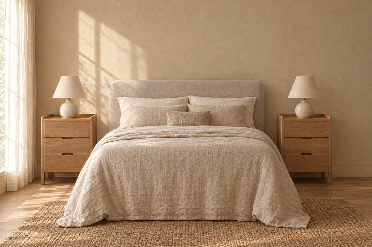 Pair of oak three-drawer bedside tables on each side of a double bed
