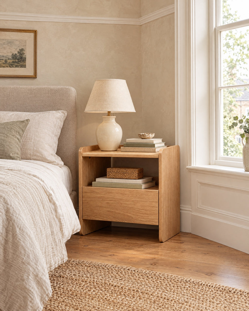 Oak bedside table with an open shelf and one drawer beside a linen bed in a British bedroom with a sash window