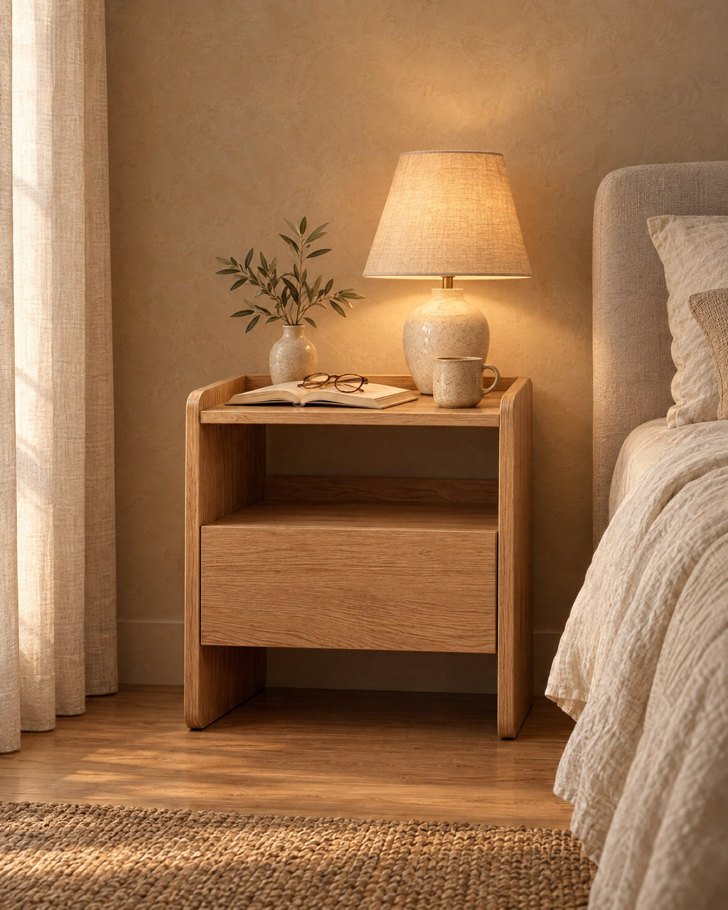 Oak bedside table with an open shelf and one drawer, a lamp switched on and an open book in the evening