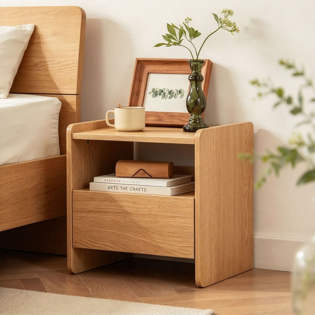 Front view of the oak bedside table with an open shelf and one drawer