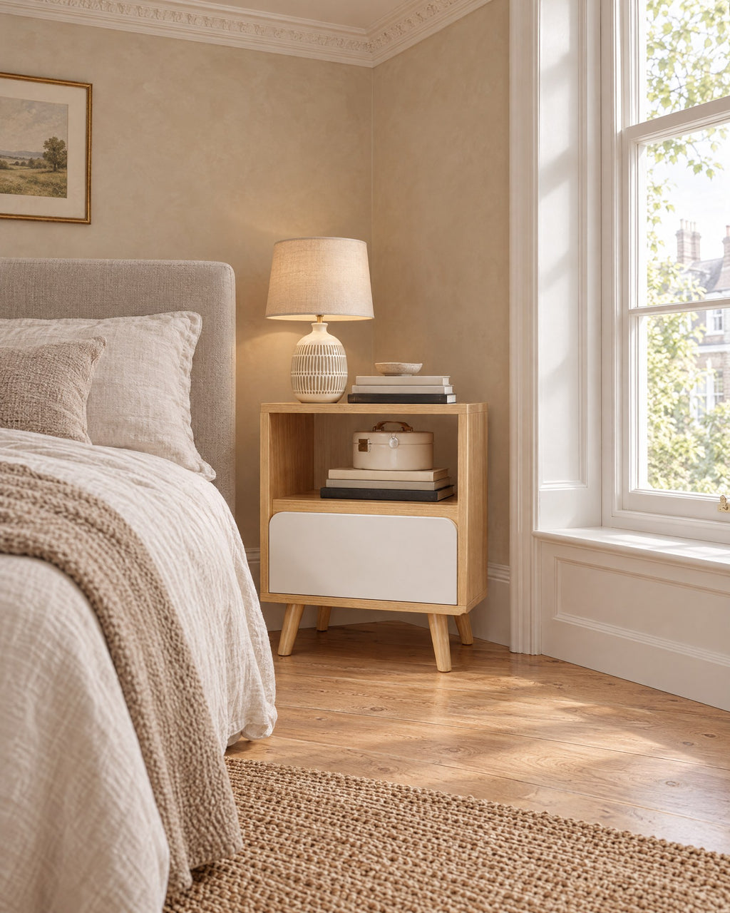 Oak-effect bedside table with open niche and white drawer beside a linen bed in a bright British bedroom with a sash window