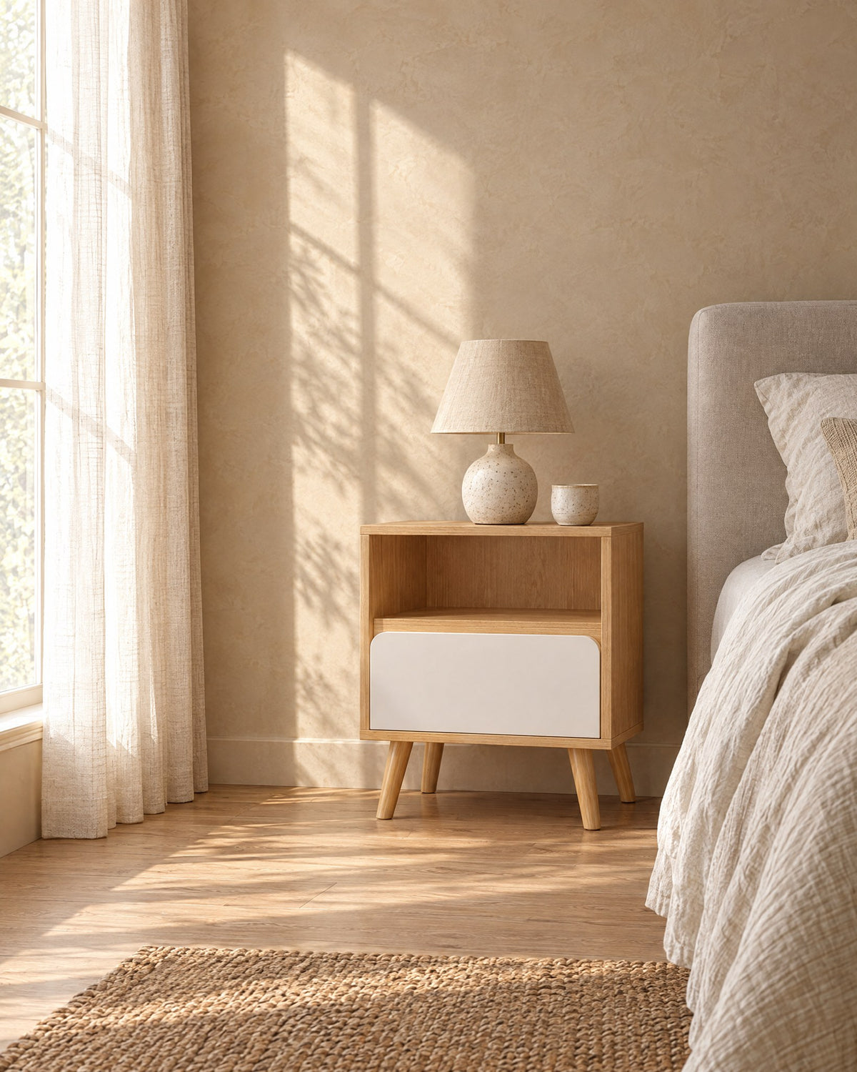 Oak-effect bedside table with open niche and white drawer in warm morning light with window shadows on the wall