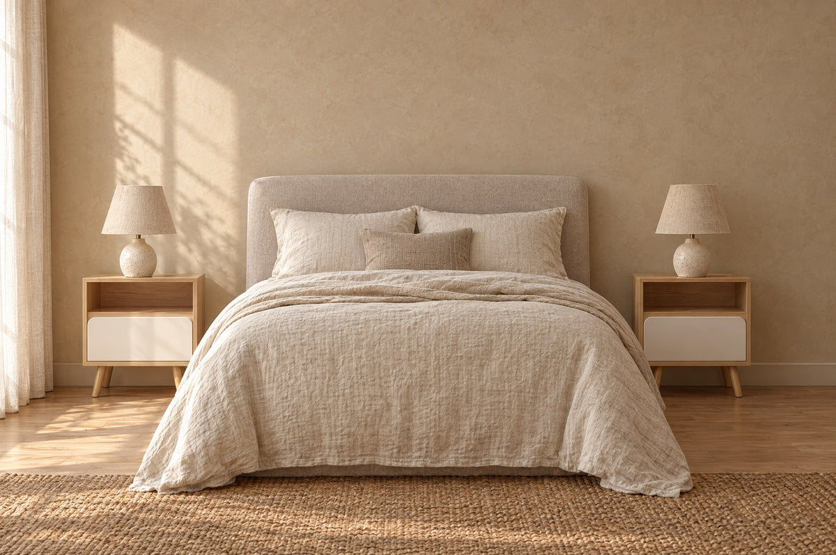 Pair of oak-effect bedside tables with open niche and white drawer on each side of a double bed