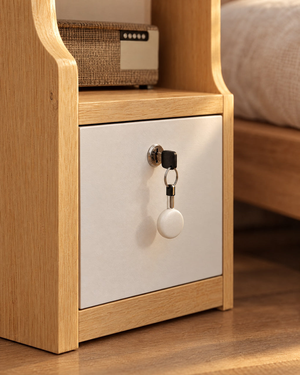 Close-up of the key lock and round pull ring on the white drawer