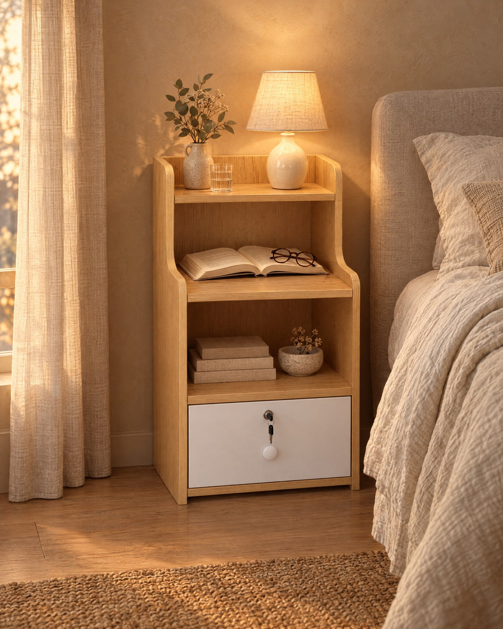 Oak-effect bedside table with open shelves and a lockable drawer, lamp switched on and an open book in the evening
