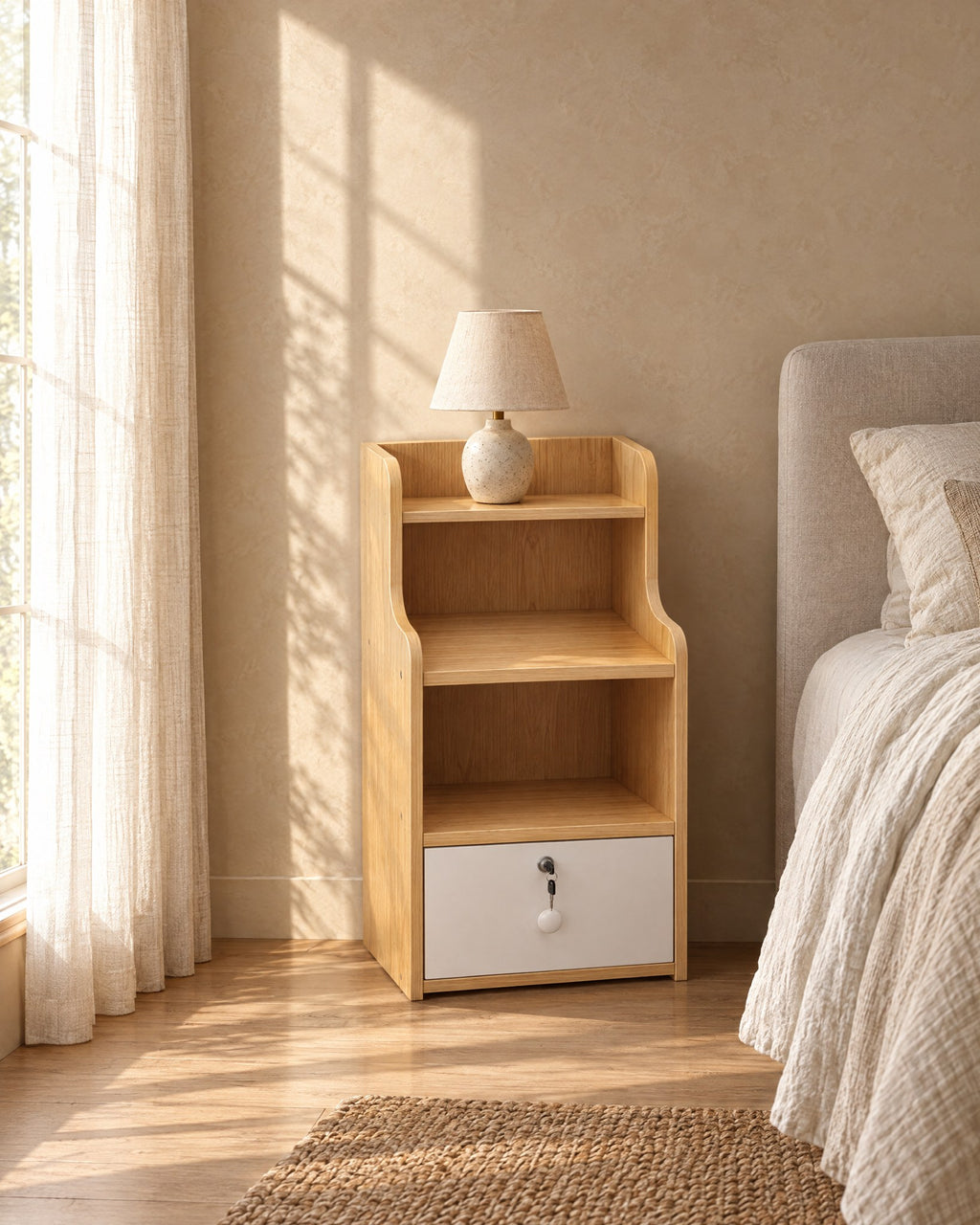 Oak-effect bedside table with open shelves and a lockable drawer in warm morning light