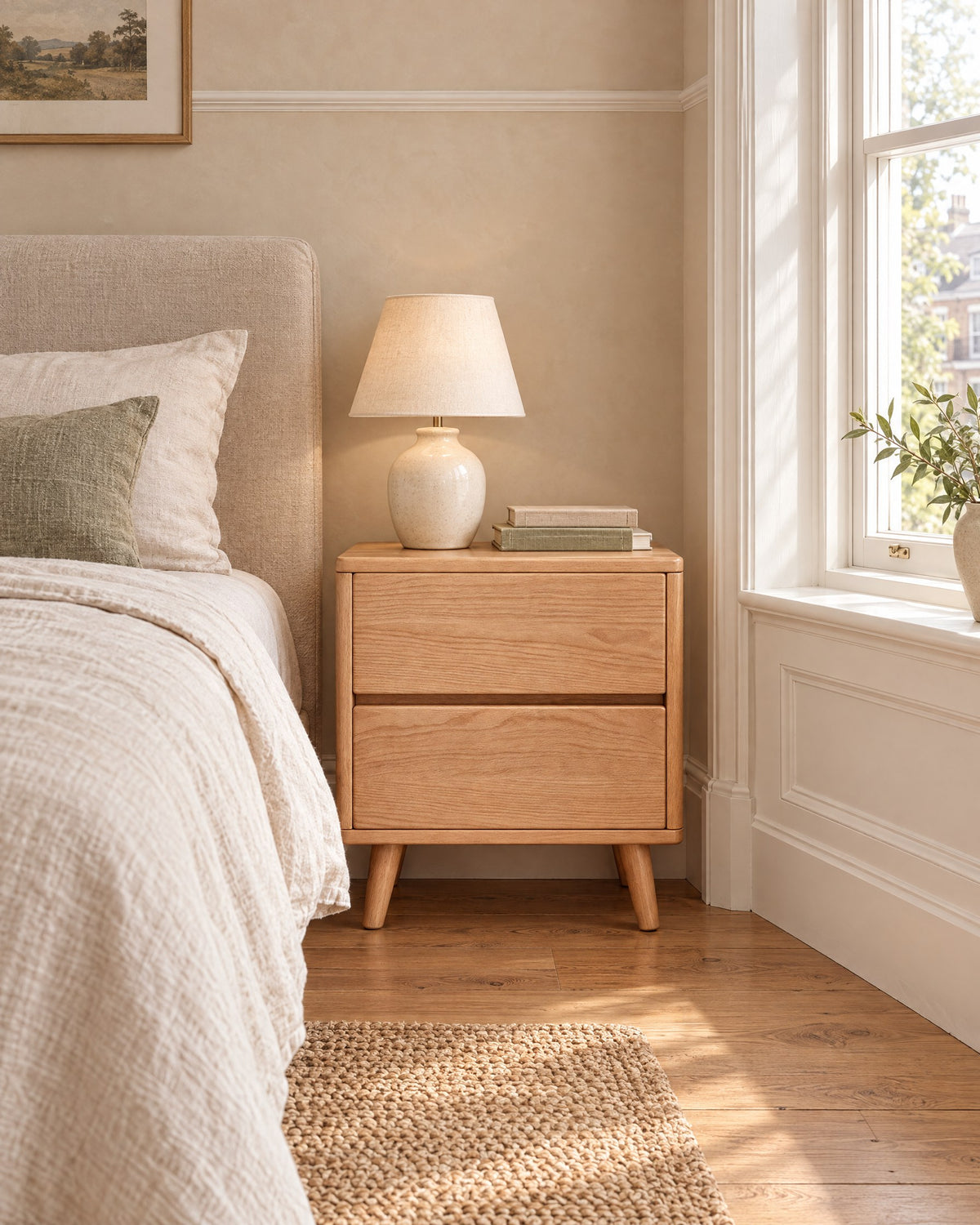 Oak bedside table with two drawers and tapered legs beside a linen bed in a British bedroom with a sash window