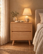 Oak bedside table with two drawers and tapered legs, a lamp switched on and an open book in the evening