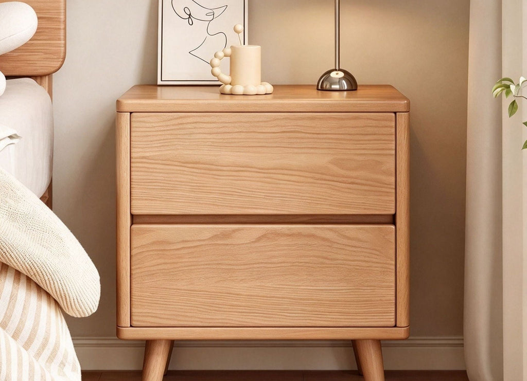 Front view of the oak bedside table with two drawers and tapered legs
