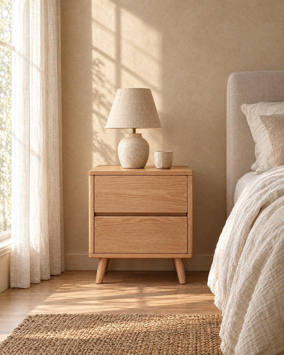 Oak bedside table with two drawers and tapered legs with a ceramic lamp in morning light