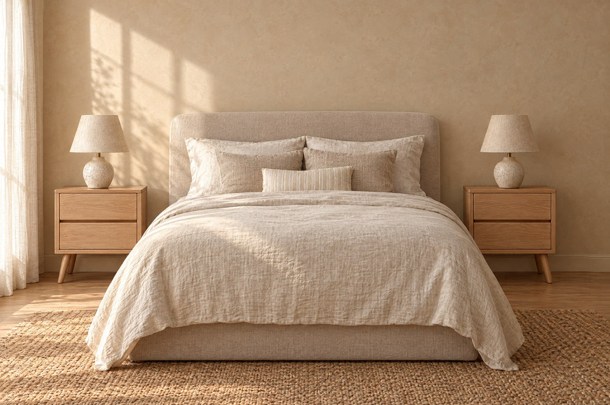 Two oak bedside tables with two drawers and tapered legs on each side of a double bed