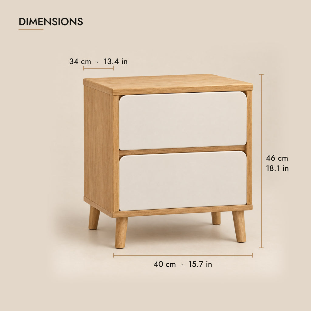 Oak and cream bedside table with two handle-free drawers dimensions: 40 cm wide, 34 cm deep, 46 cm high
