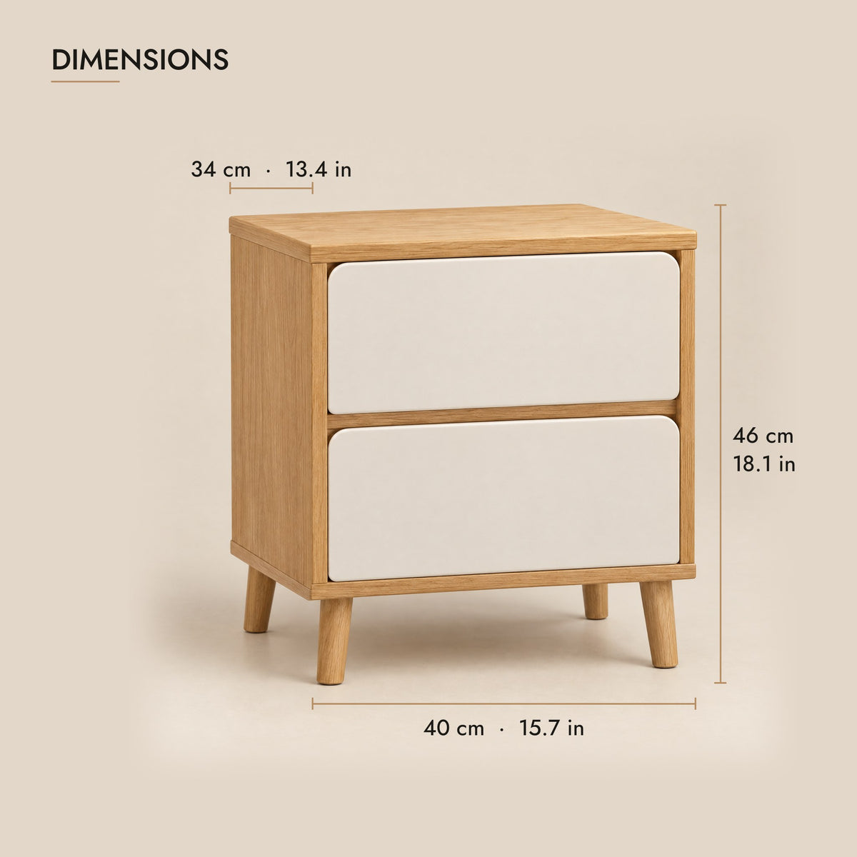 Oak and cream bedside table with two handle-free drawers dimensions: 40 cm wide, 34 cm deep, 46 cm high