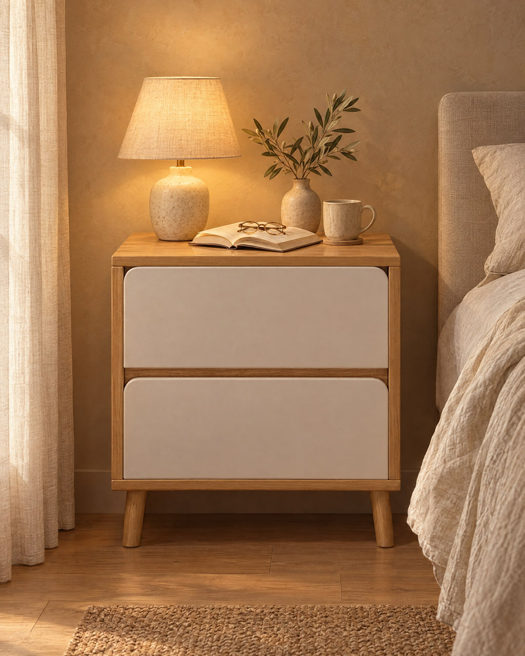Oak and cream bedside table with two handle-free drawers with a lamp switched on and an open book in the evening