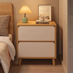 Front view of the oak and cream bedside table with two handle-free drawers
